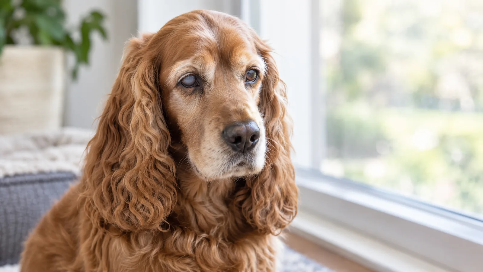 Cocker Spaniel with a cloudy eye sitting by a window.