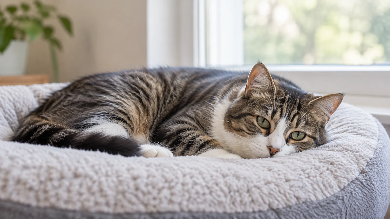 Tabby cat resting on a soft bed indoors, looking subdued.