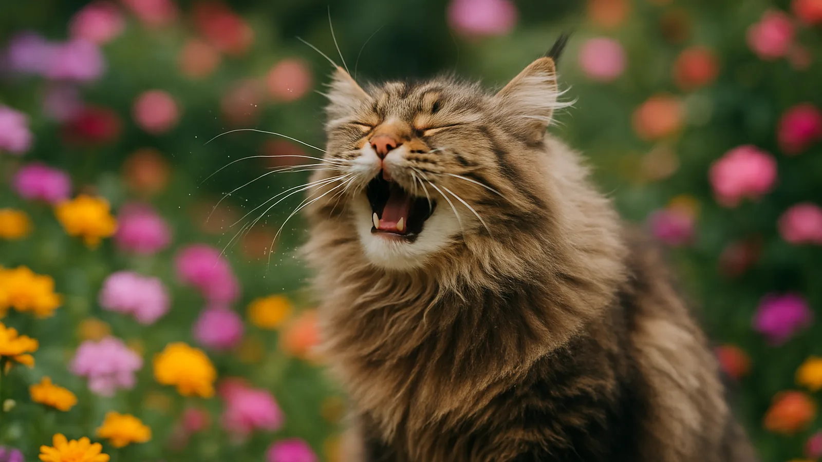 Longhaired cat mid-sneeze among garden flowers.