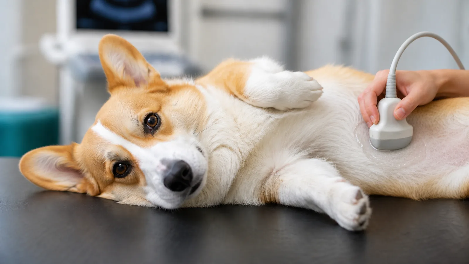 Corgi on it's side getting an ultrasound in a veterinary practice.