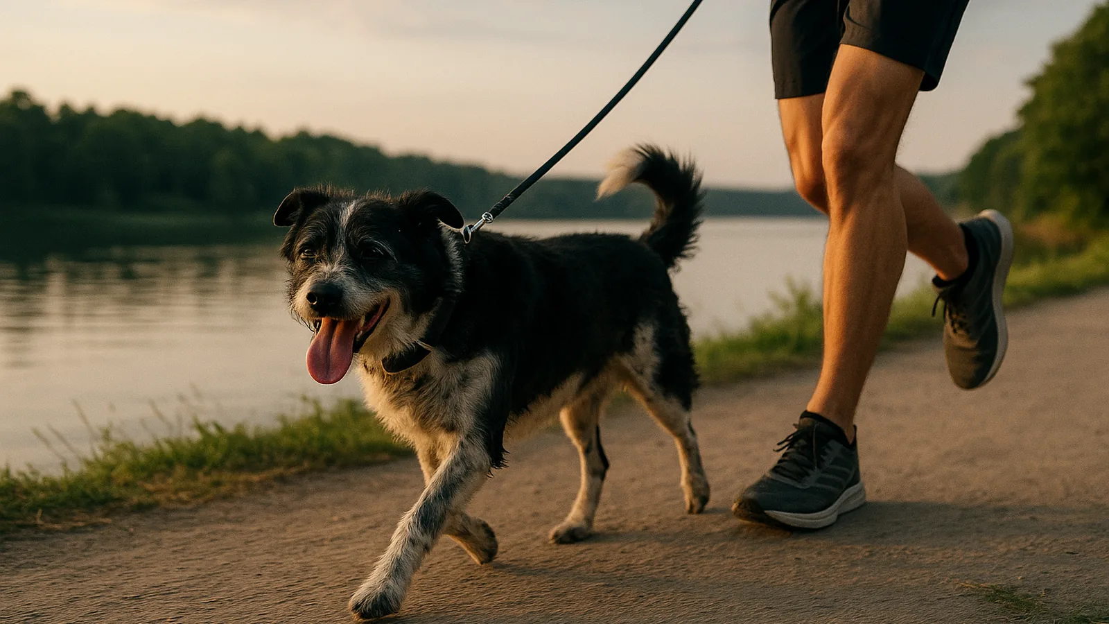 Scruffy dog pulling ahead on a leash during a run by the water.
