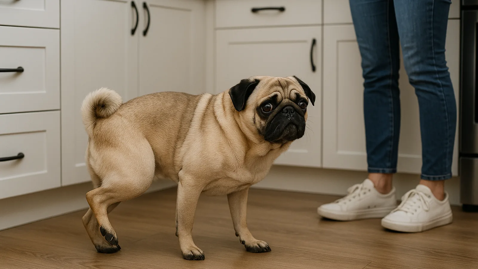 Pug walking through a kitchen with a skipping hind-leg gait.