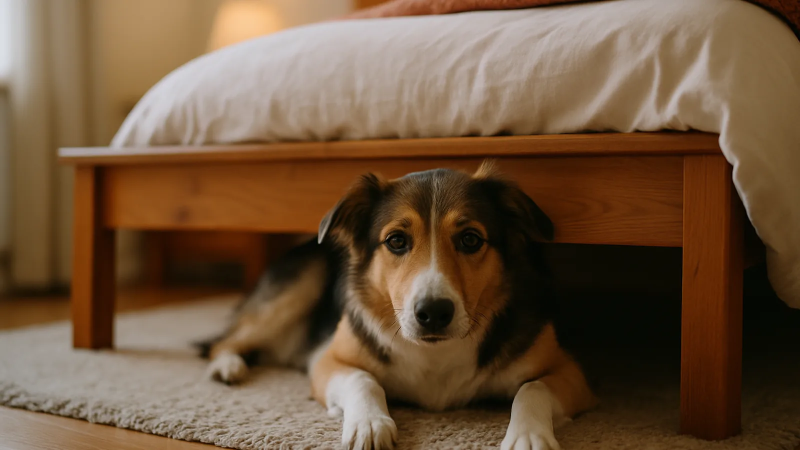 Anxious dog lying under a bed frame, peering out.