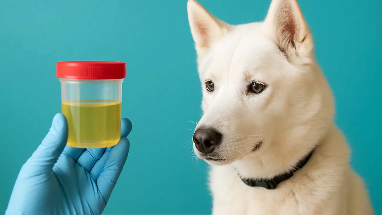 Gloved hand holding a urine sample cup next to a white dog.