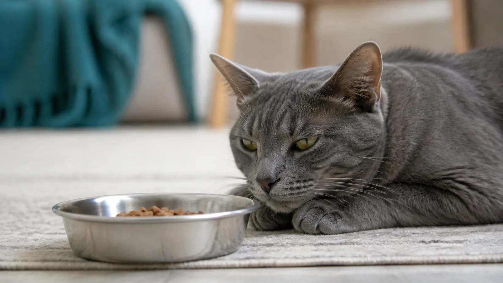 Grey cat resting indoors, looking subtle and quiet, showing mild signs of lethargy like resting near its food bowl without.