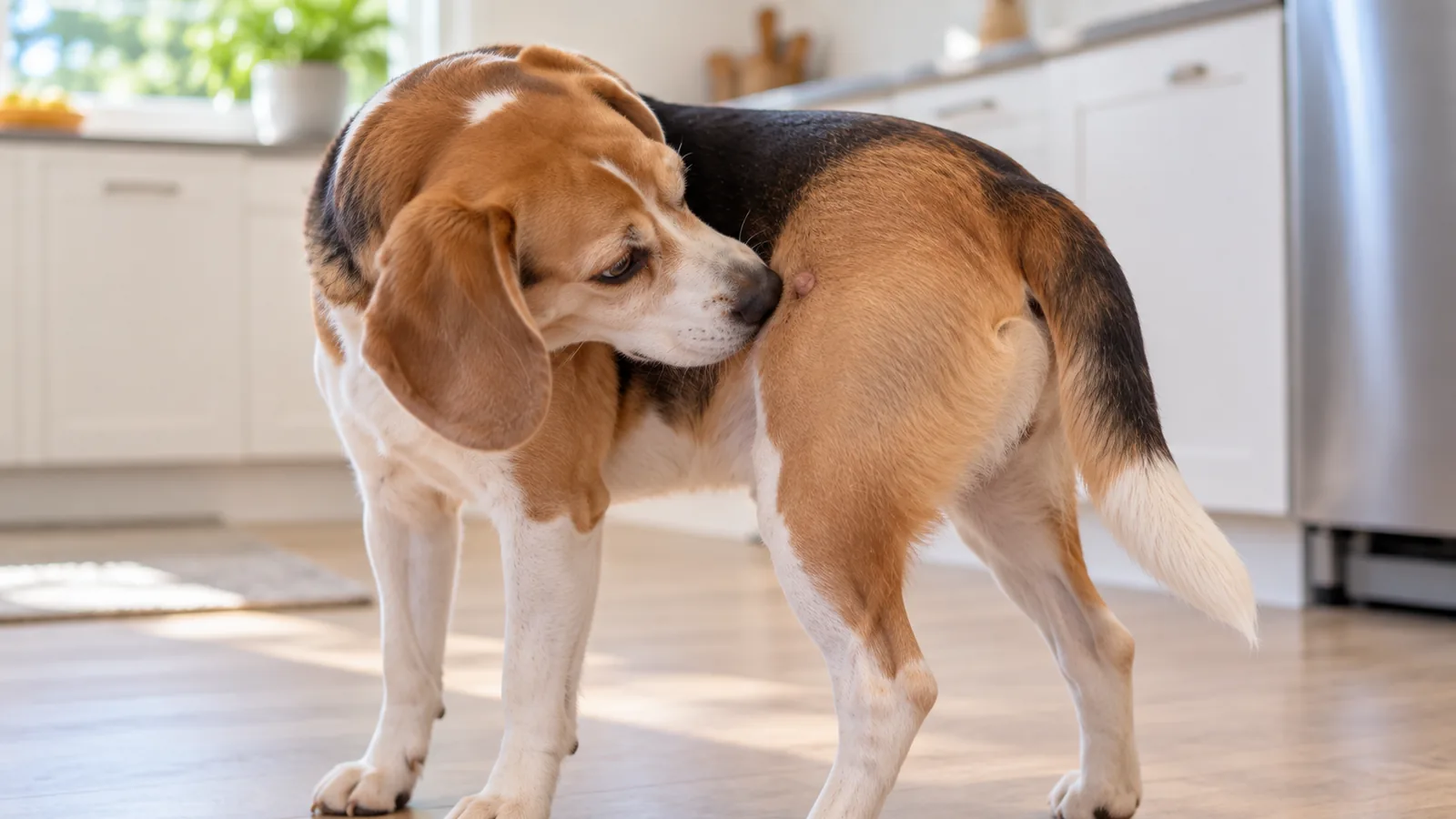 Beagle standing in a kitchen sniffing at a small lump growing on its rear leg.