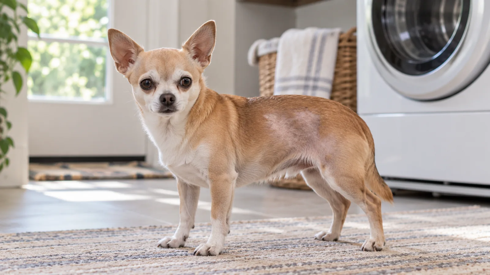 A fawn chihuahua standing on a rug, showing a patch of thin fur and bare skin along its flank.