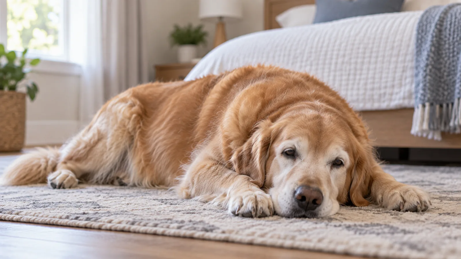 A golden retriever lying flat on a bedroom rug with its head resting on the floor, looking tired.