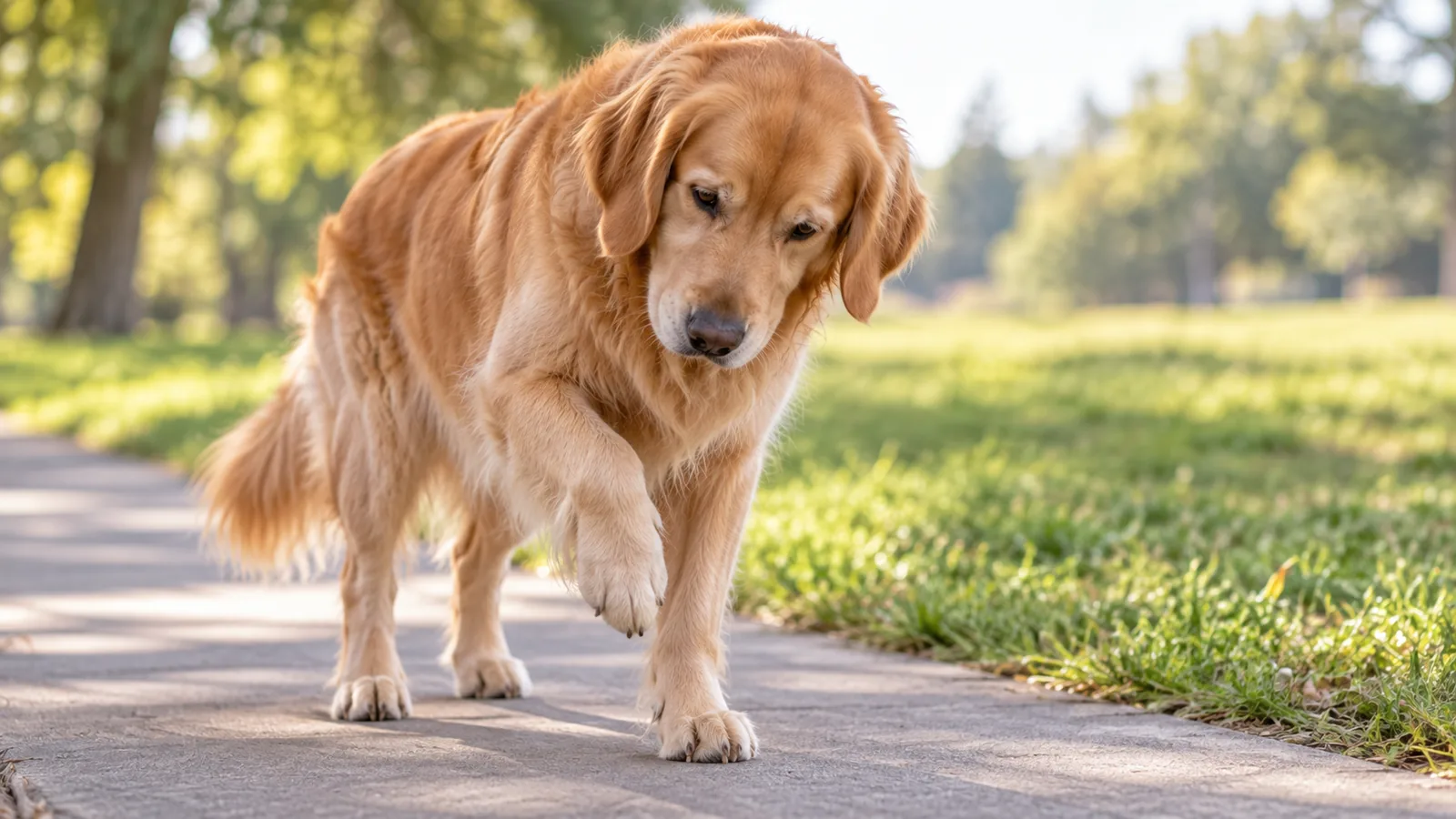 A golden retriever walking along a sunlit paved path with one front paw lifted off the ground.