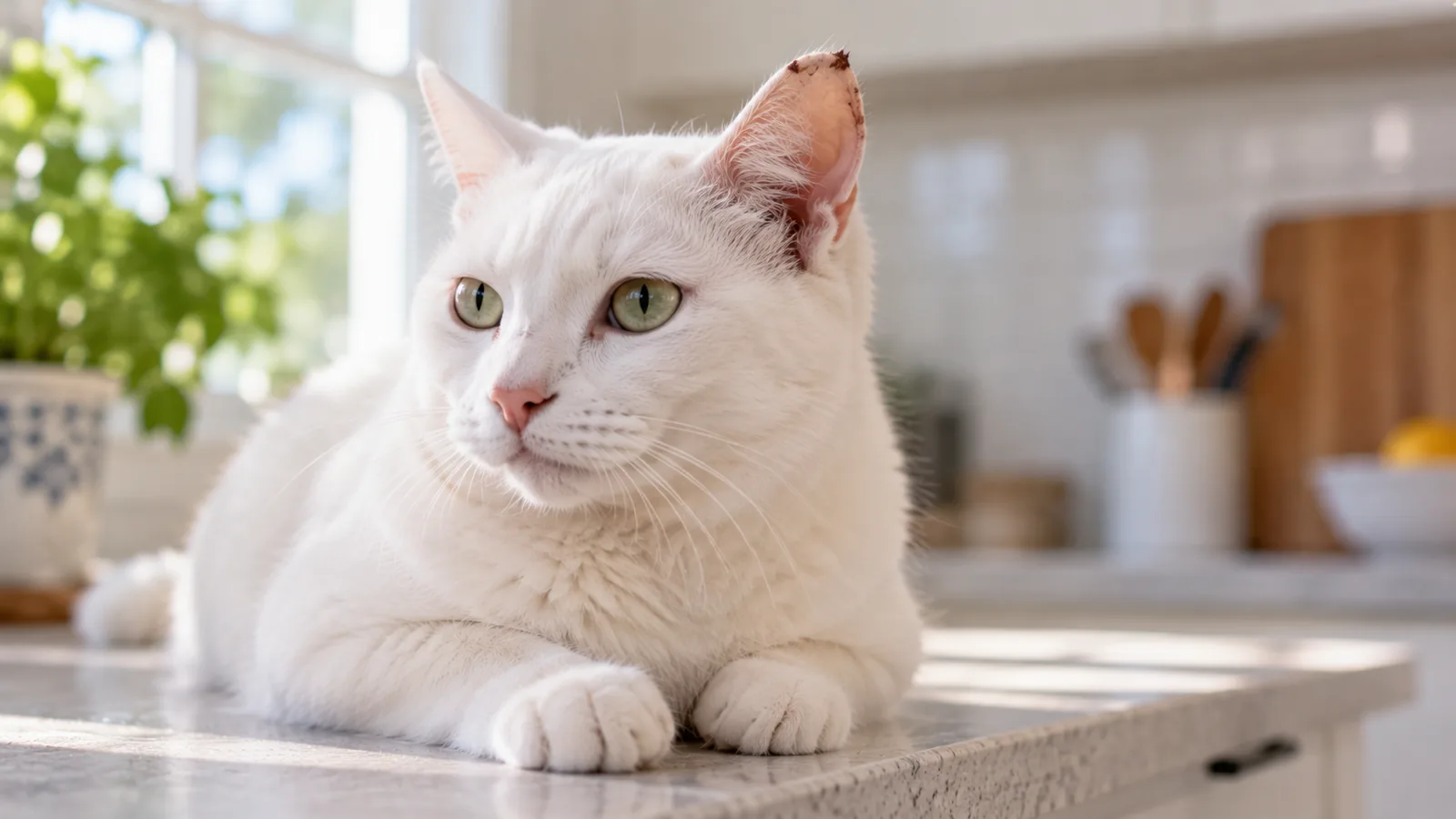 White cat lying on a sunlit kitchen counter with a crusted sore on the tip of one ear.