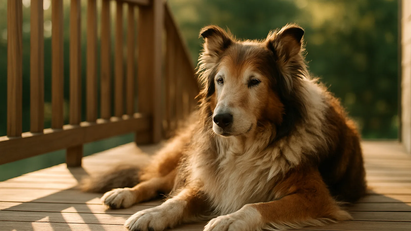 Senior Collie mix resting on a porch in warm evening light.