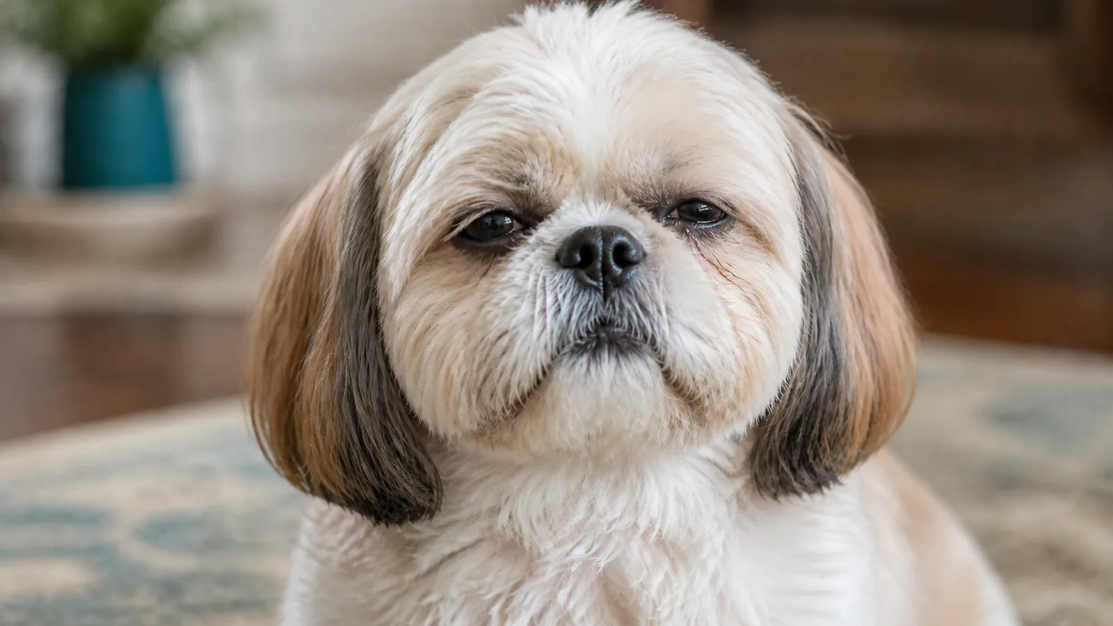 Shih Tzu sitting indoors, gently squinting one eye with some mild eye discharge, showing subtle signs of eye discomfort.